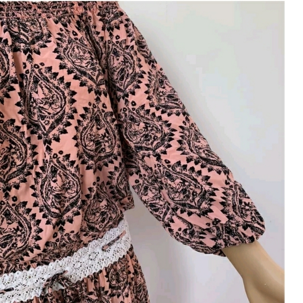 Free People Mini Dress 3/4 Sleeve Off  Shoulder Printed Black Coral Boho Small - Picture 5 of 13